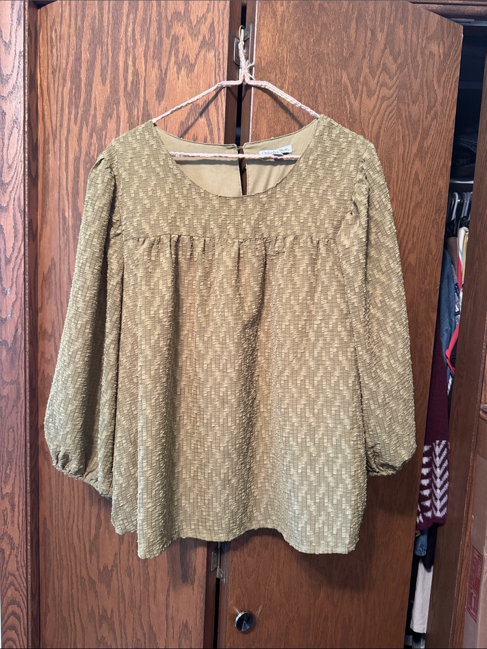 Textured Olive Peasant Tunic Top with Scoop Neck